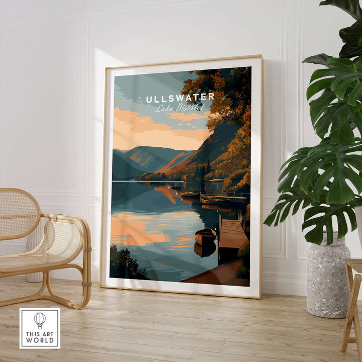 Ullswater Lake District poster featuring tranquil lakeside scene and boats, showcasing soft sunset reflections.