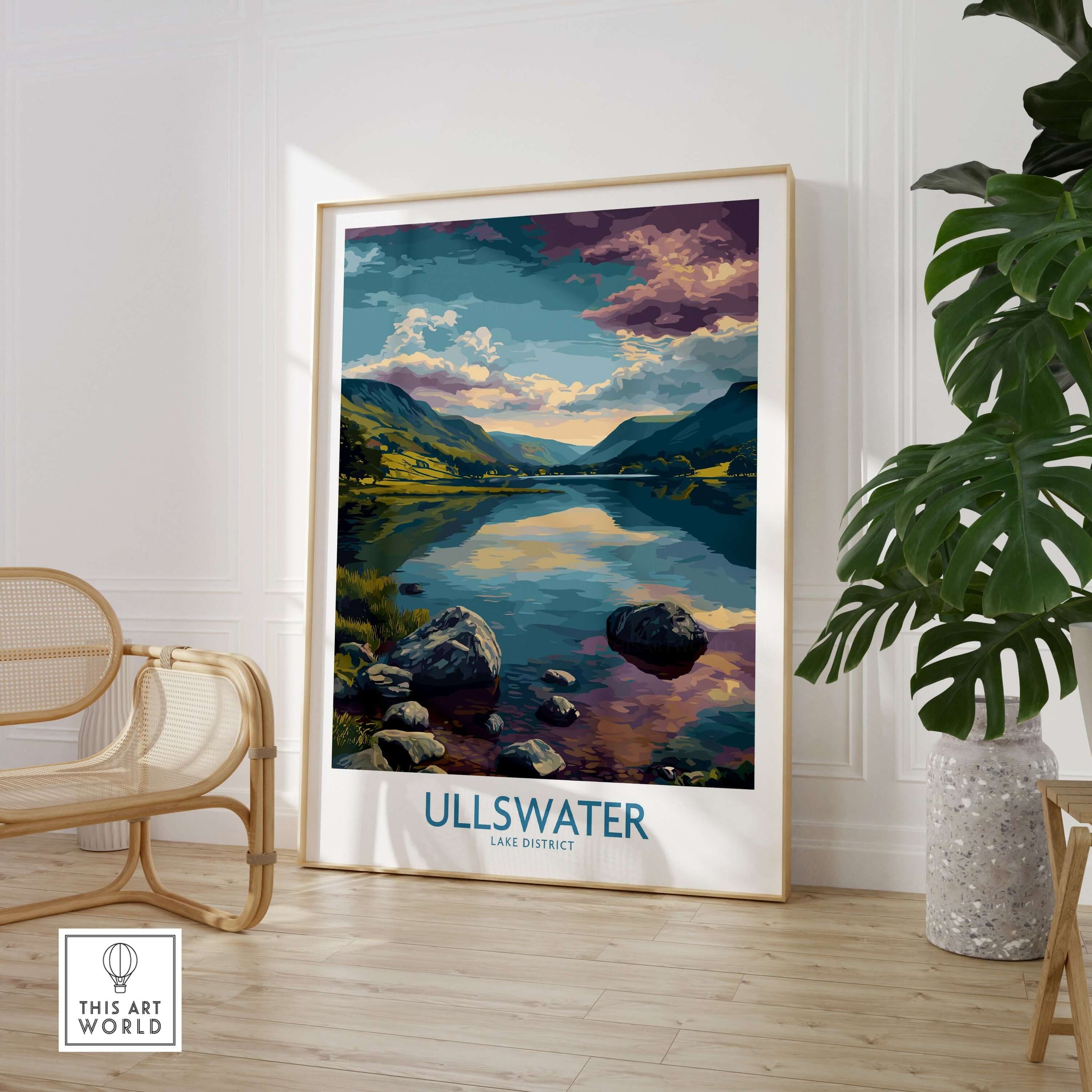 Ullswater Lake District Rocky Shoreline Poster - UK Nature Travel Decor displayed in a cozy interior setting.