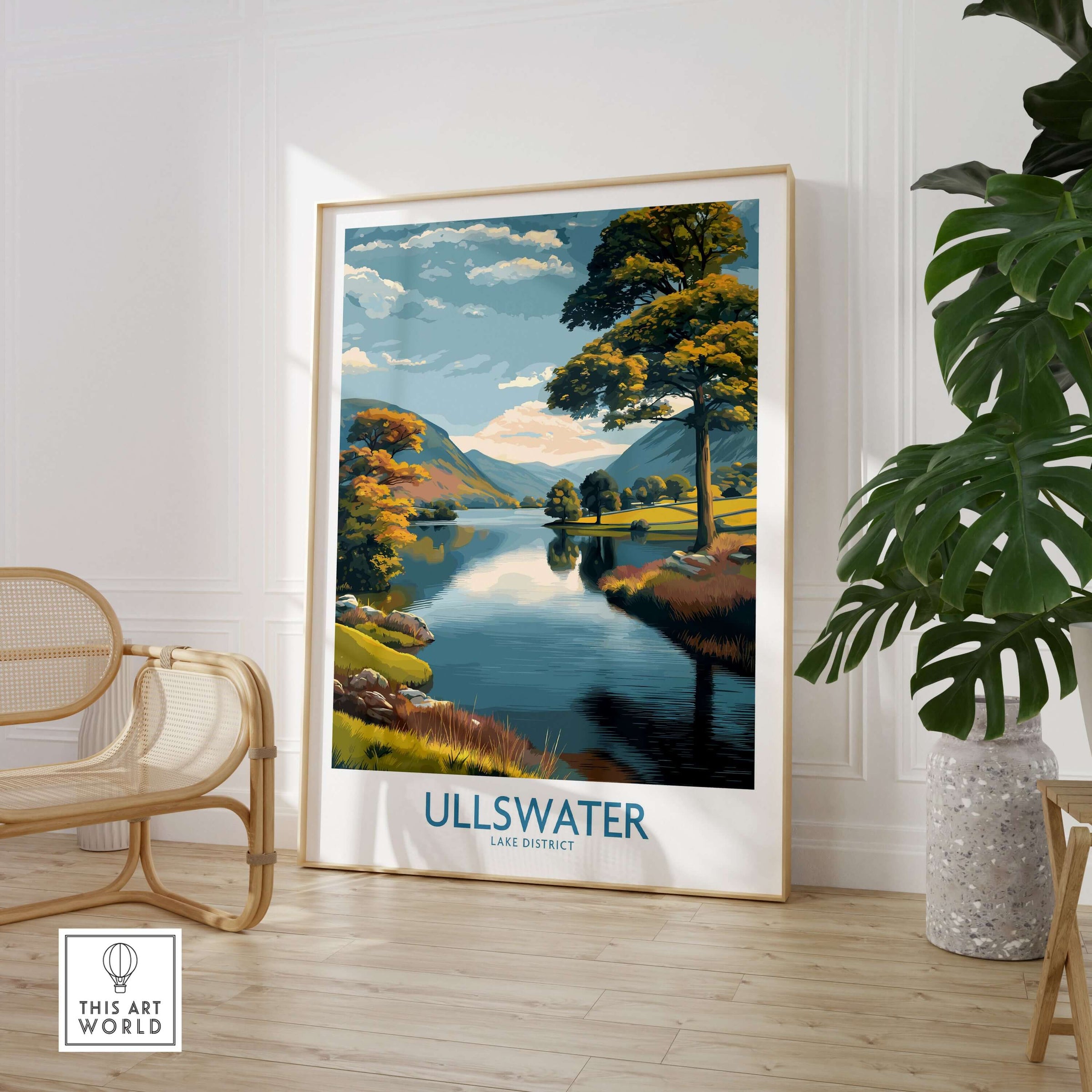 Ullswater Lake District Autumn Trees Landscape Wall Art - UK Lake District Decor in a cozy home setting.
