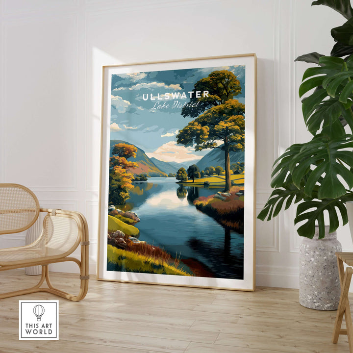 Ullswater Lake District poster featuring green trees by the lake in an elegant room decor setting.