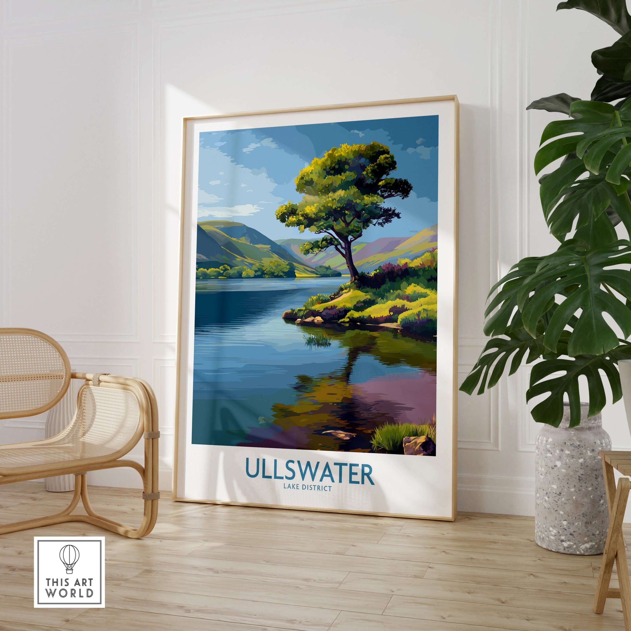 Ullswater Lake District Green Hillside Poster - Scenic UK Travel Decor displayed in a stylish interior setting.