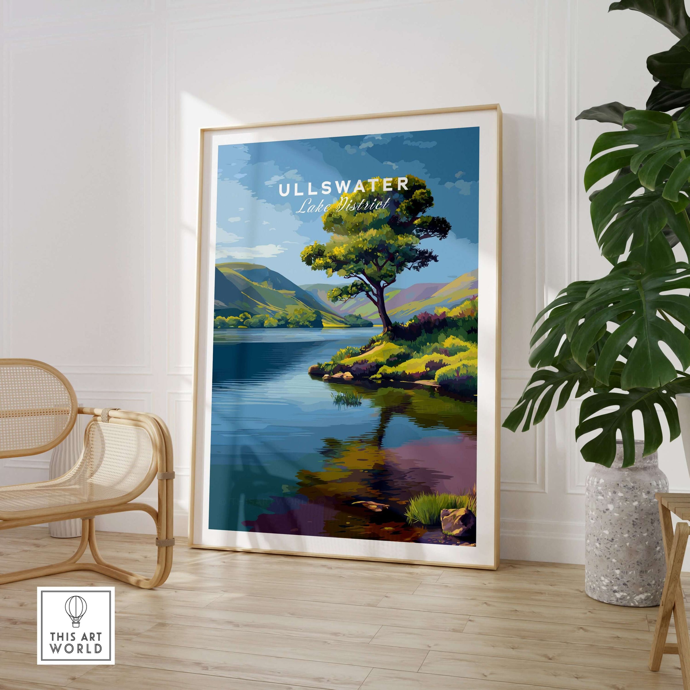 Ullswater Lake District Solitary Tree Print - Lakeside Reflection Wall Art displayed in a modern interior with plant
