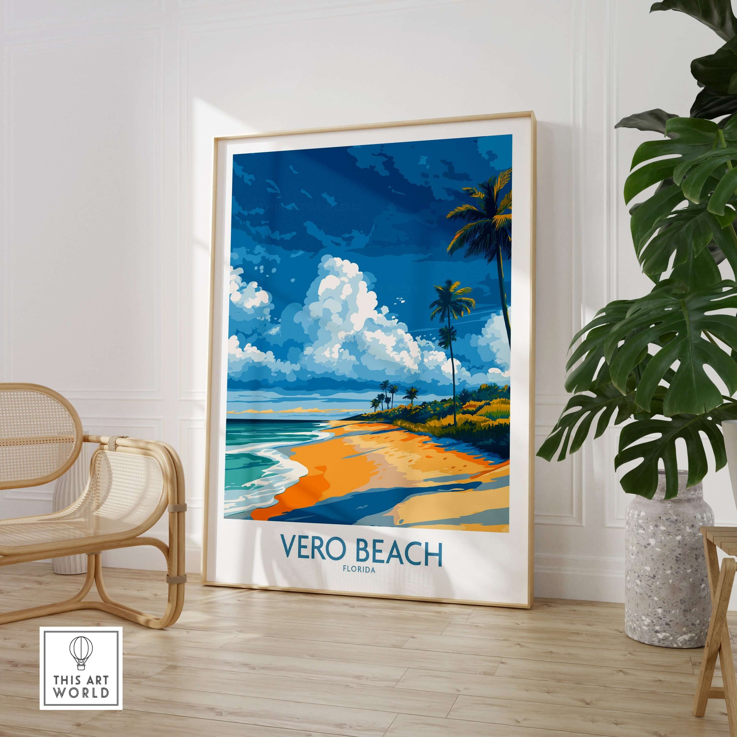 Vero Beach Sunny Coastal Landscape Print - Florida Travel Decor showcasing vibrant beach scenery and palm trees.
