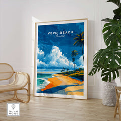 Vero Beach Florida Palm Tree Beach Poster - Tropical Seascape Wall Art in a stylish interior setting with tropical decor.