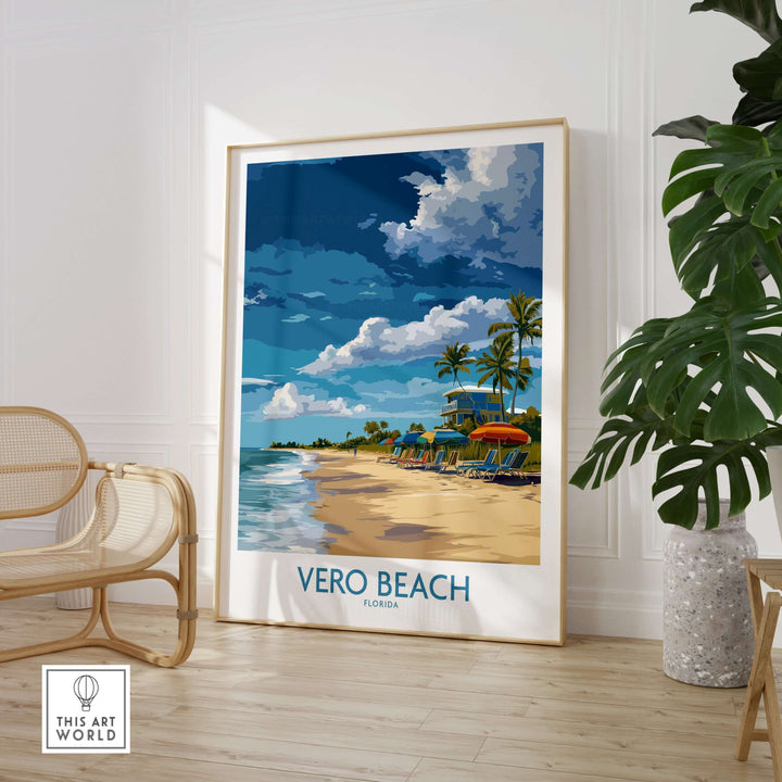 Vero Beach poster featuring sunny beach umbrellas and loungers, vibrant Florida vacation decor.