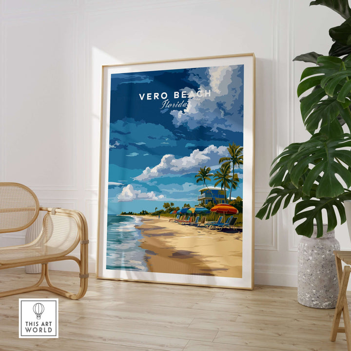Vero Beach Florida beachfront resort print featuring lifeguard station and vibrant coastal scenery.