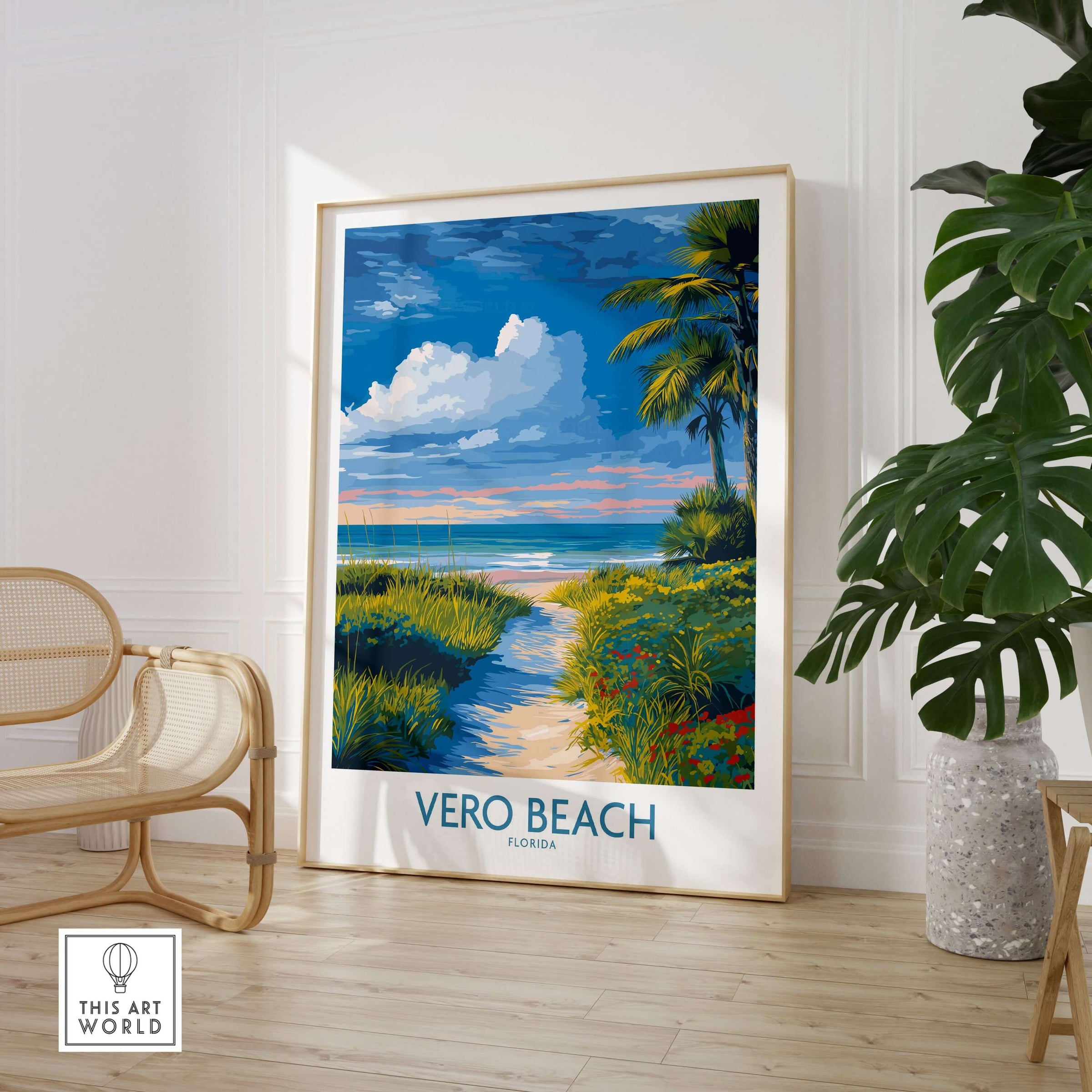 Vero Beach Ocean View Poster - Florida Nature Decor in a bright living space with tropical plants.
