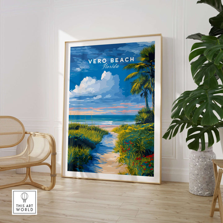 Vero Beach Florida Path to Beach print with coastal flowers and vibrant vegetation in a stylish interior setting.