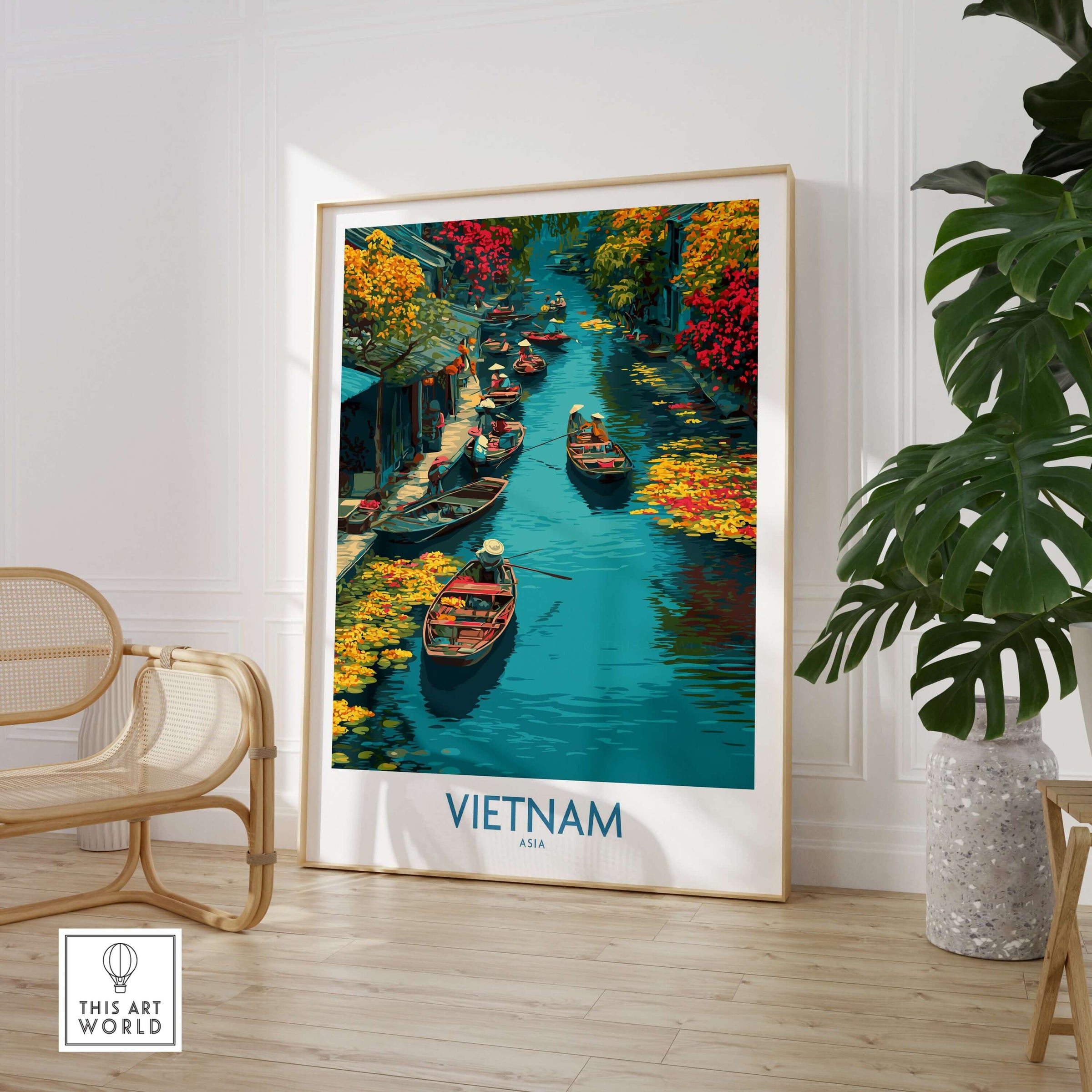 Vietnam Poster - Southeast Asia Travel Print showcasing vibrant boats on a colorful river surrounded by lush foliage.