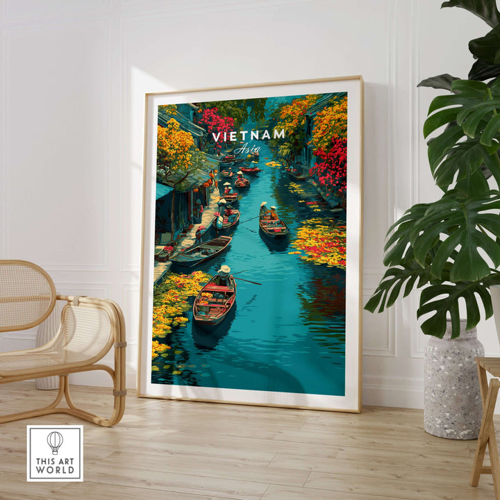 Hoi An Canal Boats print showcasing colorful boats and vibrant market life in Vietnam's river, perfect for wall art.