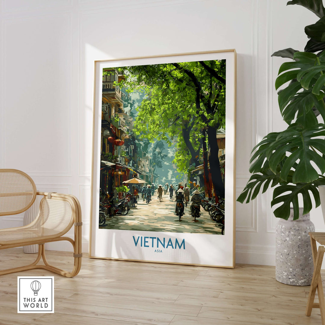 Vietnam Print showcasing traditional Asian street scene in vibrant green, perfect wall art for home décor.