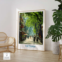 Vietnam Print - Traditional Asian Scene Wall Art displayed in a stylish room, showcasing vibrant street life in Vietnam.