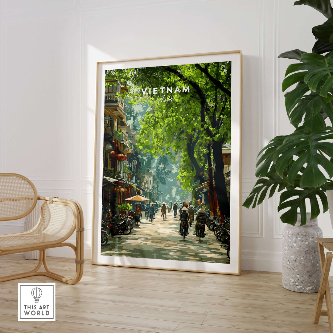 Vietnam wall art poster featuring a vibrant street scene with greenery, bicycles, and cultural elements.