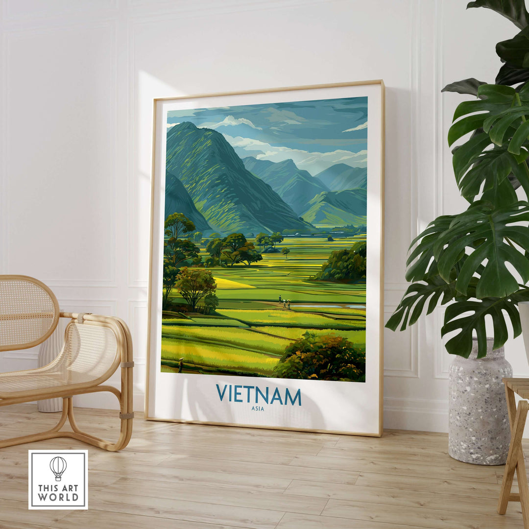 Vietnamese countryside wall art print featuring lush green landscapes and mountains, perfect for tranquil home decor.