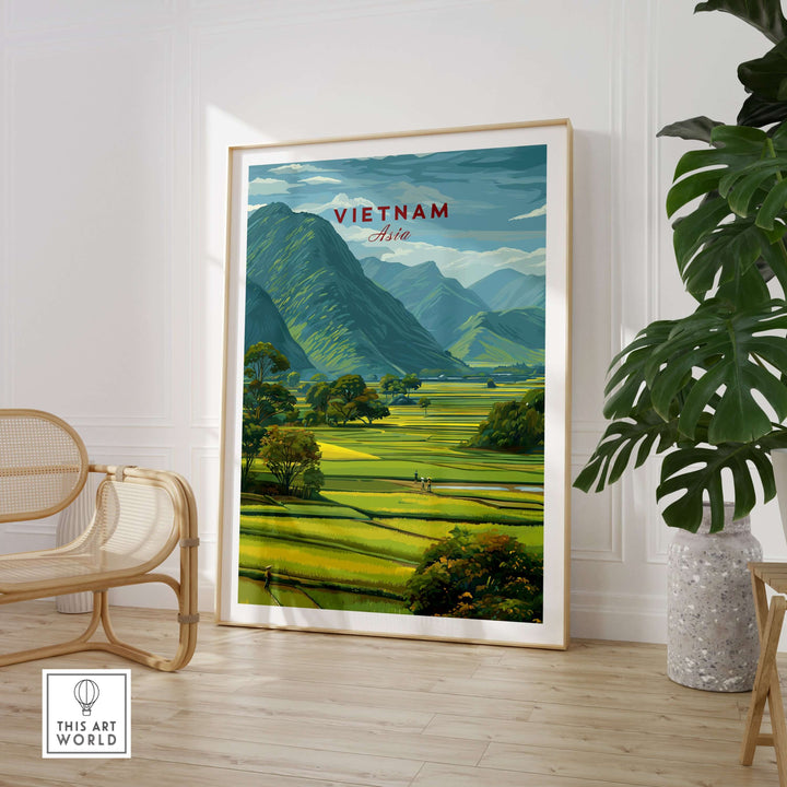 Vietnam rice fields landscape print featuring lush mountains and terraced fields, perfect for home decor.