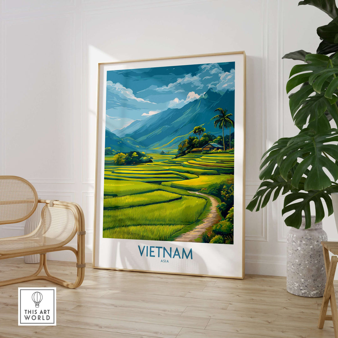 Vietnam art print showcasing lush green rice terraces and mountains, perfect for nature lovers and Southeast Asian decor.