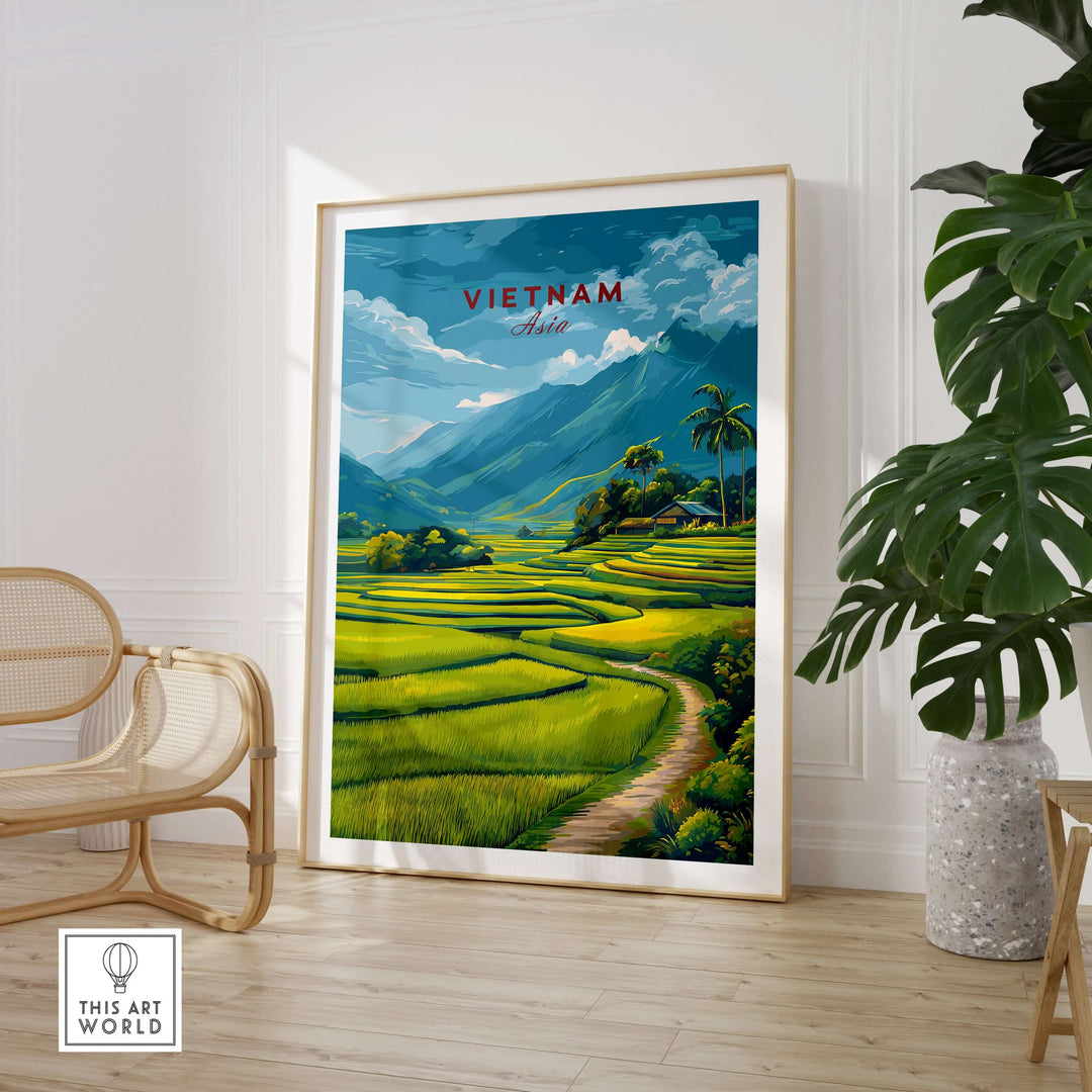Vietnam travel poster showcasing lush rice terraces and mountains, adding exotic charm and wanderlust inspiration to any space.