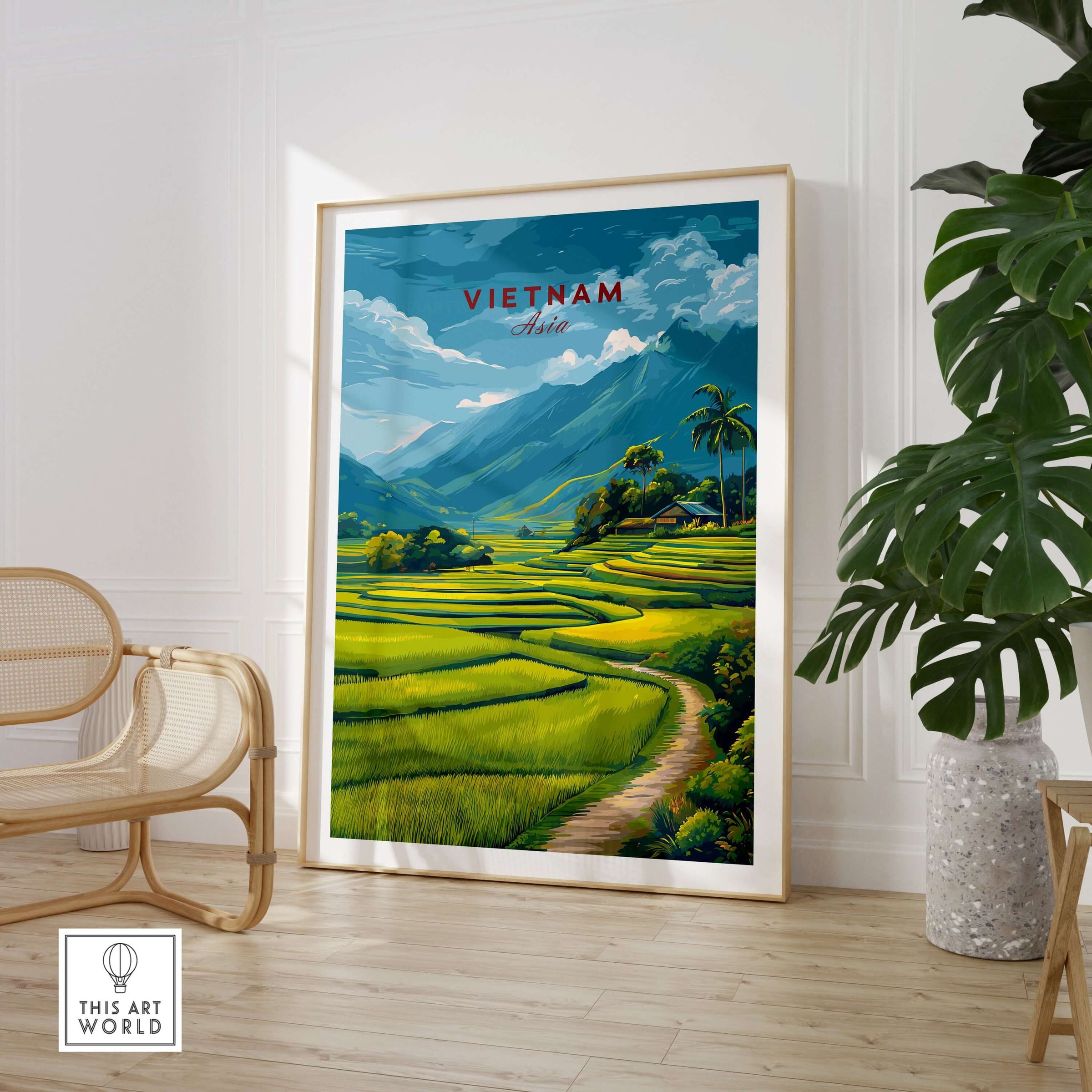 Vietnam Travel Poster featuring lush rice terraces and scenic mountains, ideal for travel inspiration.