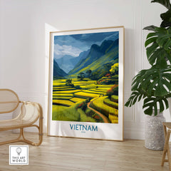 Vietnam Wall Art - Vietnamese Rural Travel Print featuring vibrant rice terraces and mountains in a cozy interior setting.