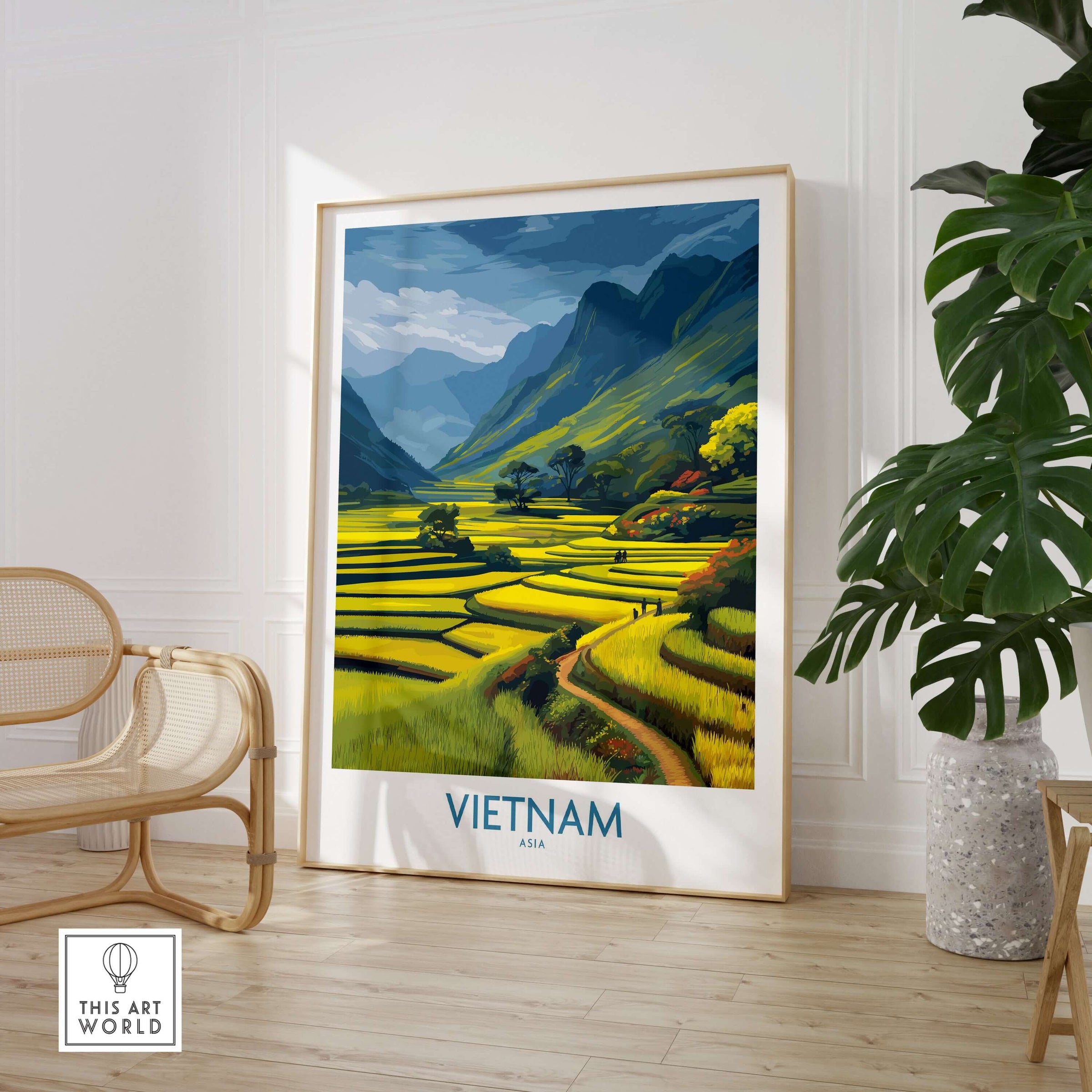 Vietnam Wall Art - Vietnamese Rural Travel Print featuring vibrant rice terraces and mountains in a cozy interior setting.