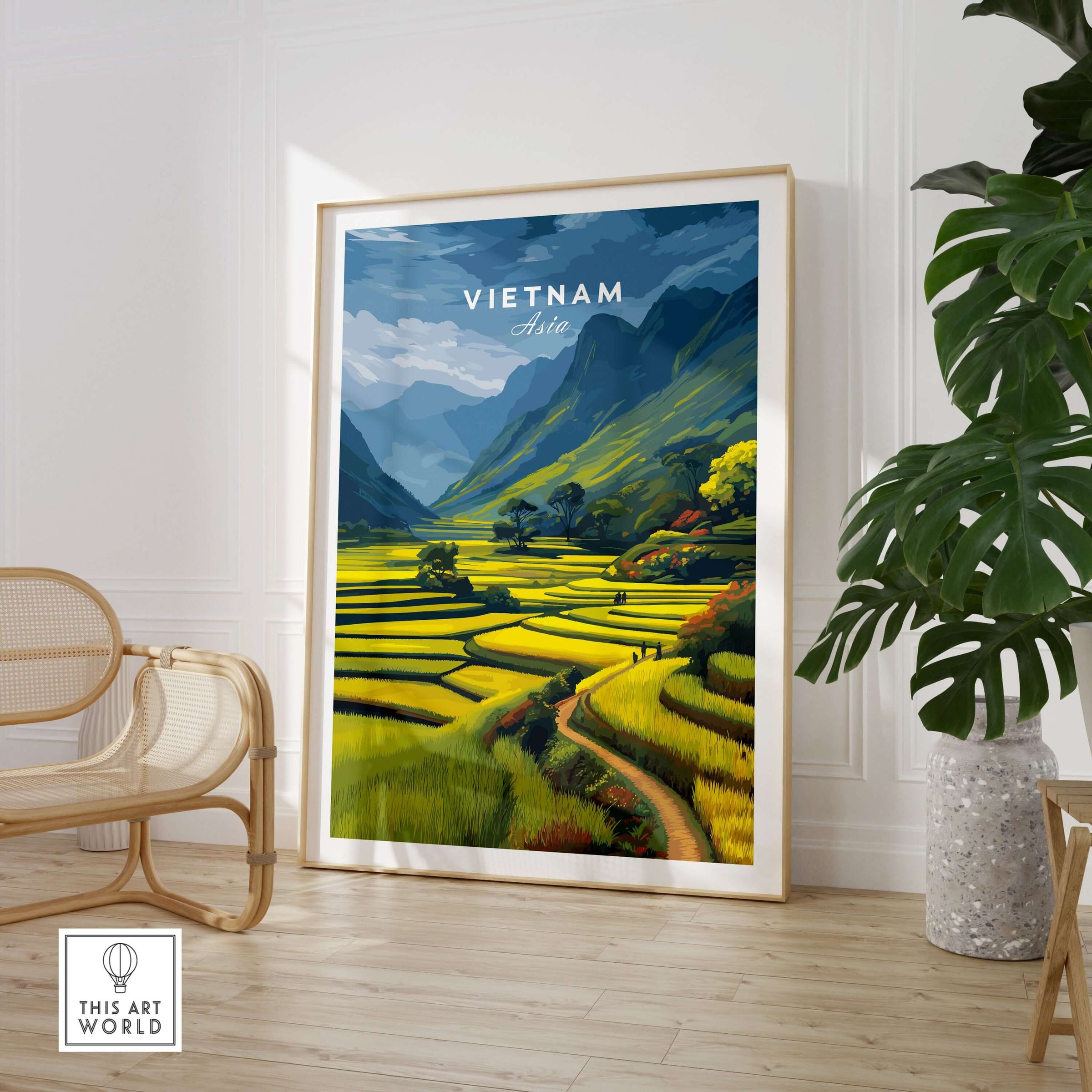 Vietnam Rice Terraces Print - Scenic Mountain Poster displayed in a modern interior with vibrant green fields and mountains.