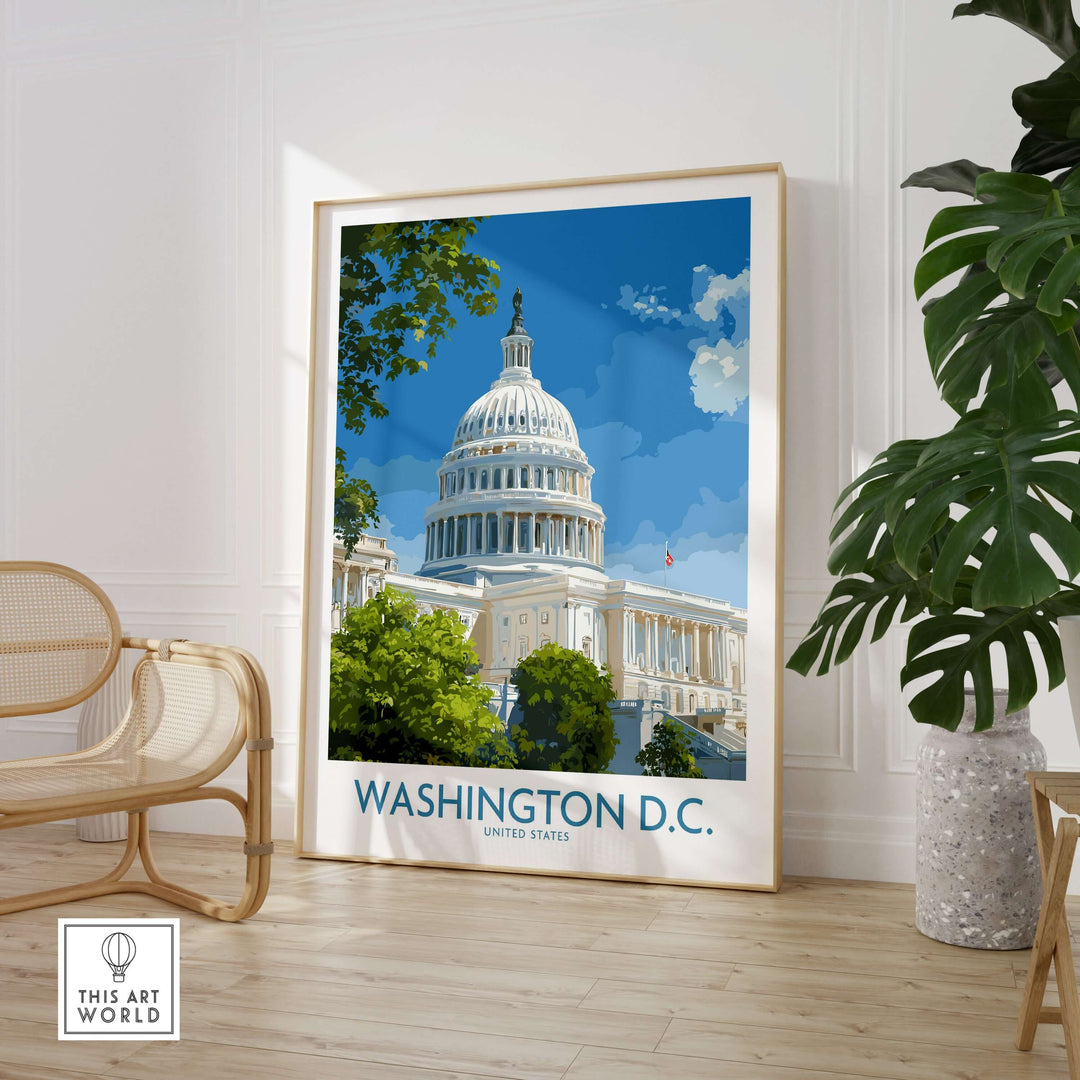 Washington D.C. Capitol Hill poster featuring the iconic Capitol building surrounded by greenery.