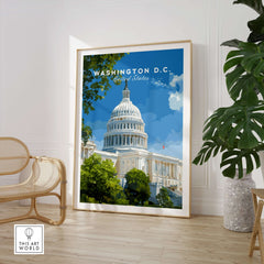 Washington D.C. US Capitol Building Print - American Landmark Wall Art displayed in a stylish room.