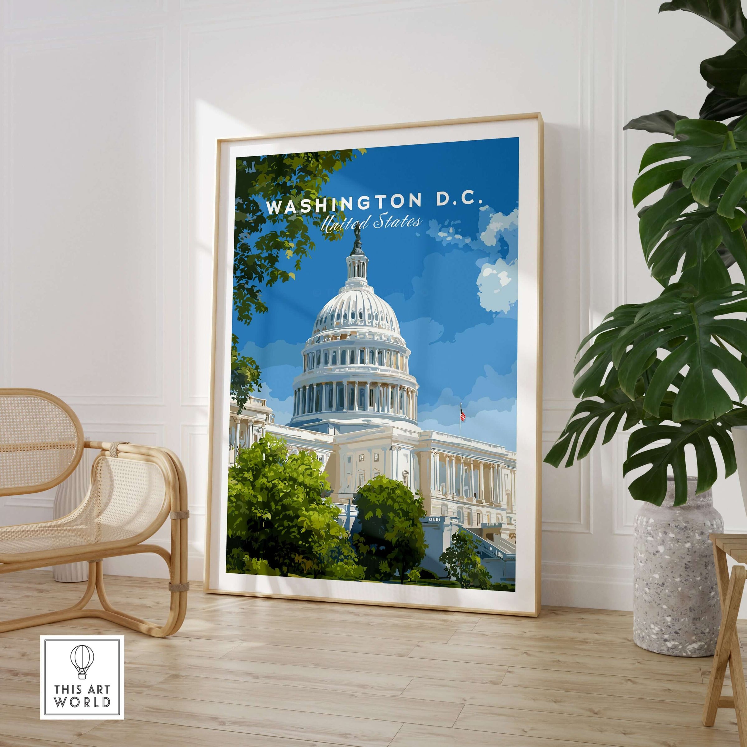 Washington D.C. US Capitol Building Print - American Landmark Wall Art displayed in a stylish room.