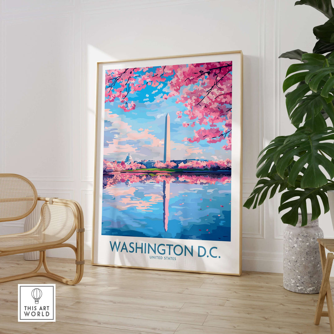 Washington D.C. wall art print featuring cherry blossoms and the Washington Monument reflecting on water.
