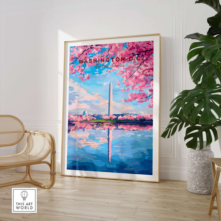 Washington D.C. Cherry Blossom poster featuring Jefferson Memorial and Washington Monument in spring blooms.