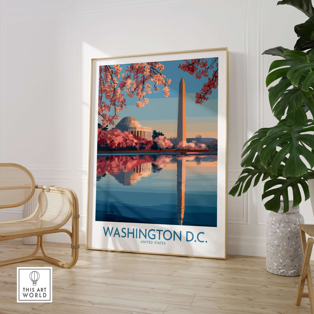 Washington D.C. cherry blossom poster featuring iconic landmarks and pink blooms by the water.