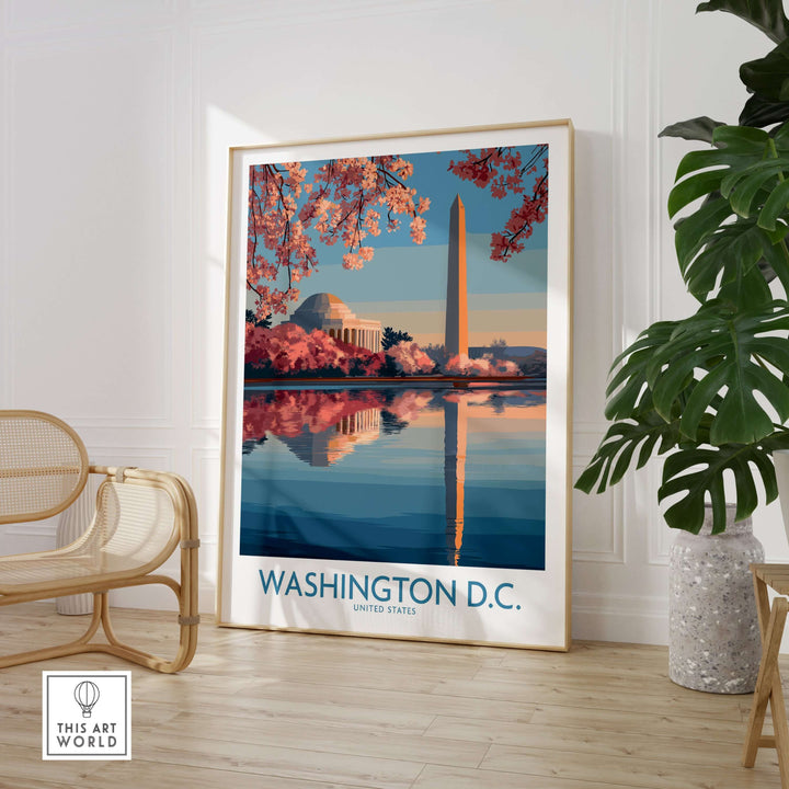 Washington D.C. cherry blossom poster featuring iconic landmarks and pink blooms by the water.