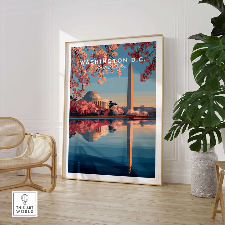 Washington D.C. poster featuring Jefferson Memorial and Washington Monument surrounded by cherry blossoms.