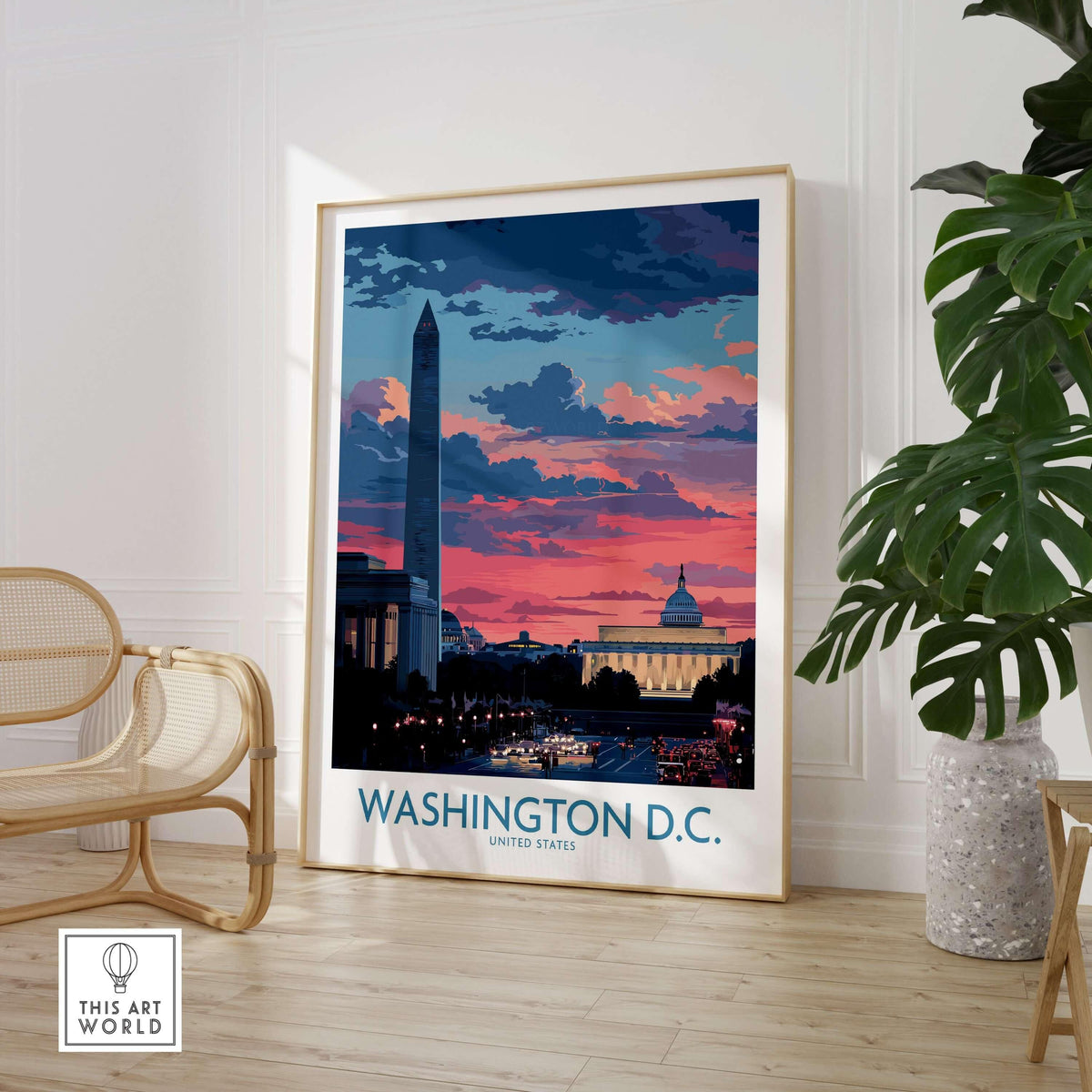 Washington D.C. Wall Art - Vibrant Urban Sunset Print showcasing the skyline at dusk with warm hues.