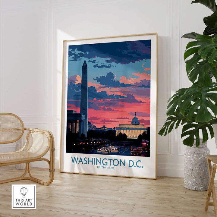 Vibrant Washington D.C. urban sunset wall art print showcasing iconic skyline and monuments.