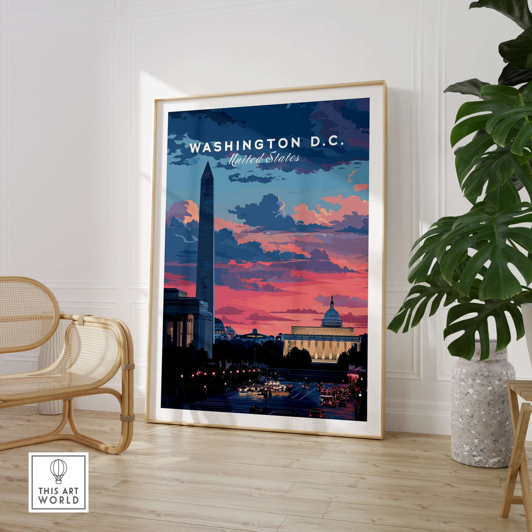 Washington D.C. Wall Art sunset poster featuring the Washington Monument and Capitol, vibrant skyline print.