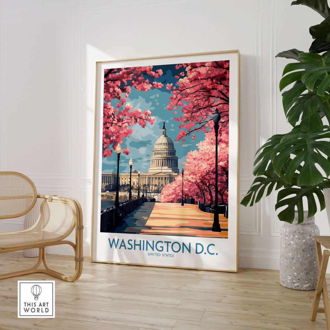 Washington D.C. US Capitol wall art featuring cherry blossoms, perfect for American decor and celebrating democracy.