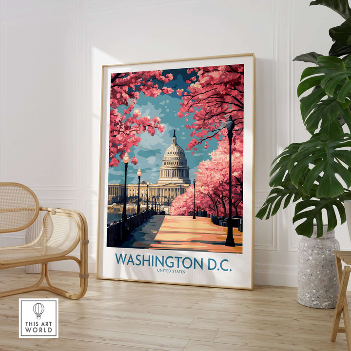 Washington D.C. US Capitol wall art featuring cherry blossoms, perfect for American decor and celebrating democracy.