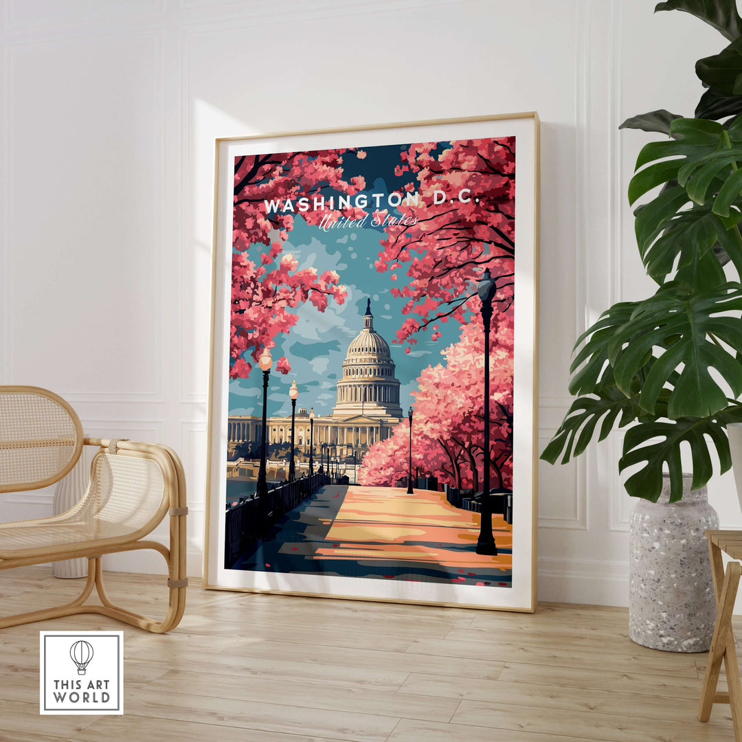 Washington D.C. Cherry Blossom Capitol print in a modern room, featuring pink blossoms and iconic US Capitol.