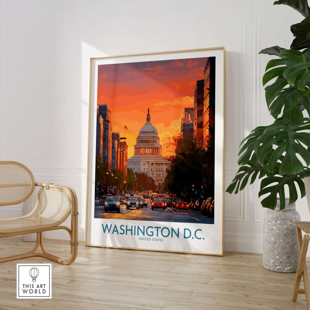 Washington D.C. cityscape poster featuring the US Capitol at dusk, vibrant twilight colors, urban decor.