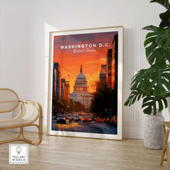 Washington D.C. Capitol Building Sunset Print - American Landmark Wall Art displayed in a stylish living room.