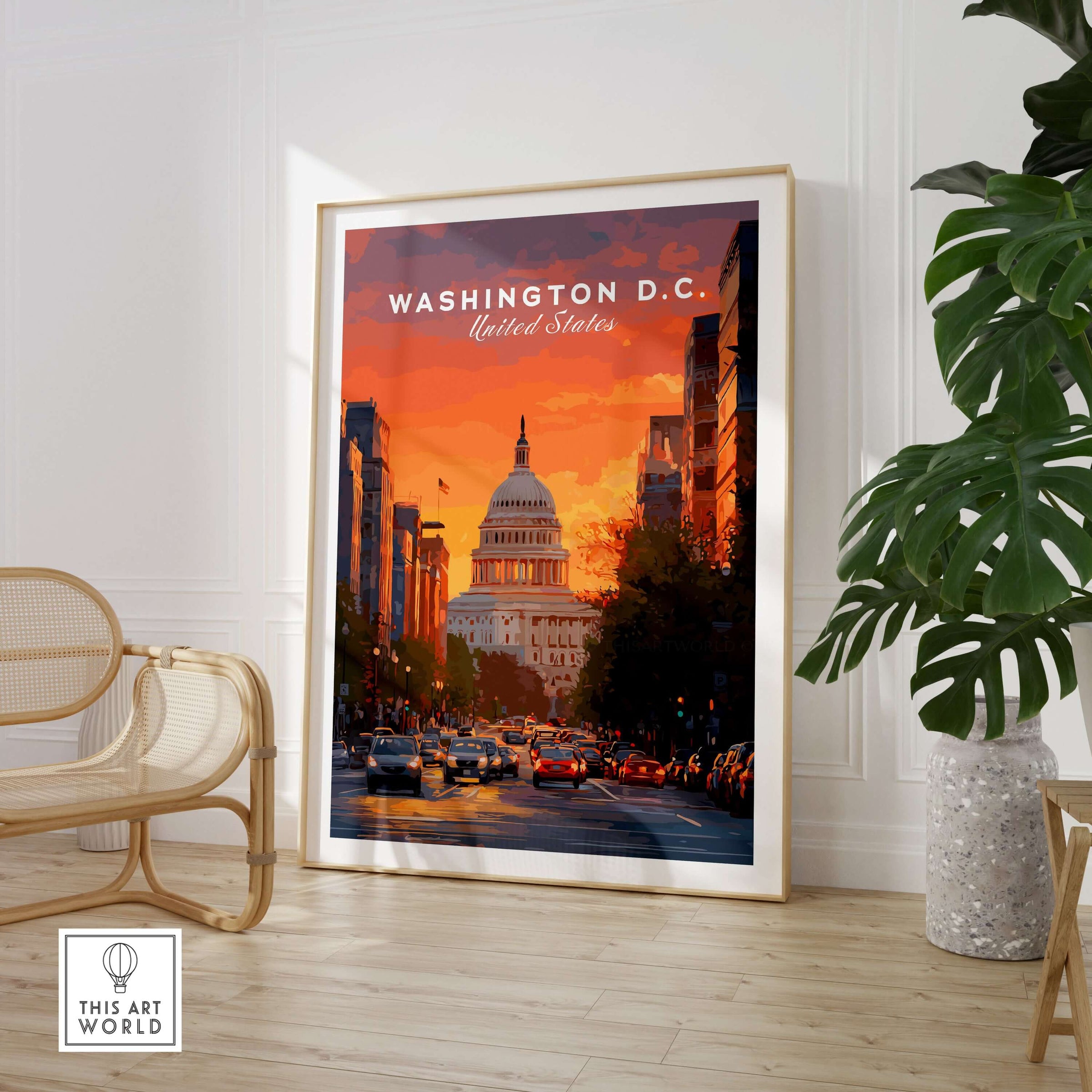 Washington D.C. Capitol Building Sunset Print - American Landmark Wall Art displayed in a stylish living room.