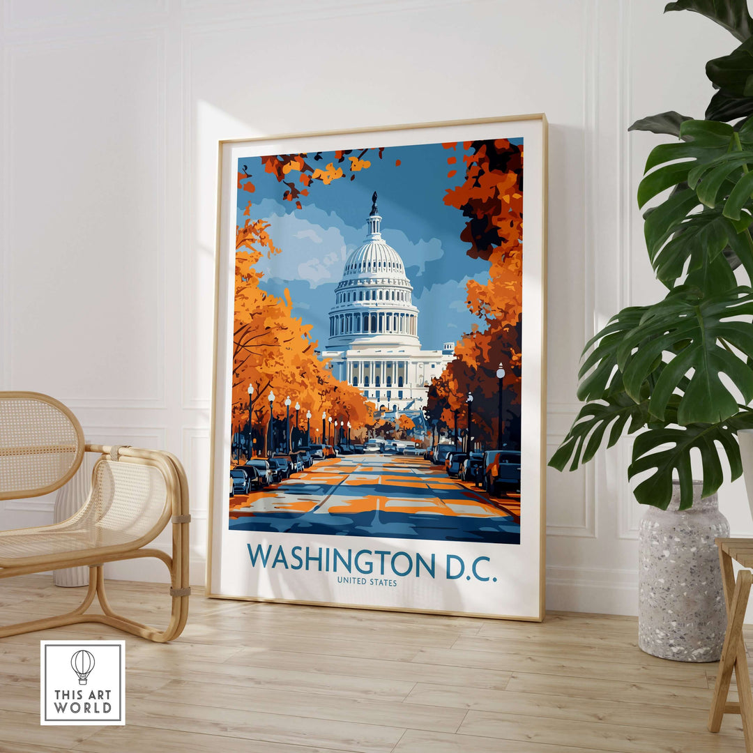 Washington D.C. US Capitol Building poster surrounded by autumn foliage, showcasing iconic architecture and cityscape decor.