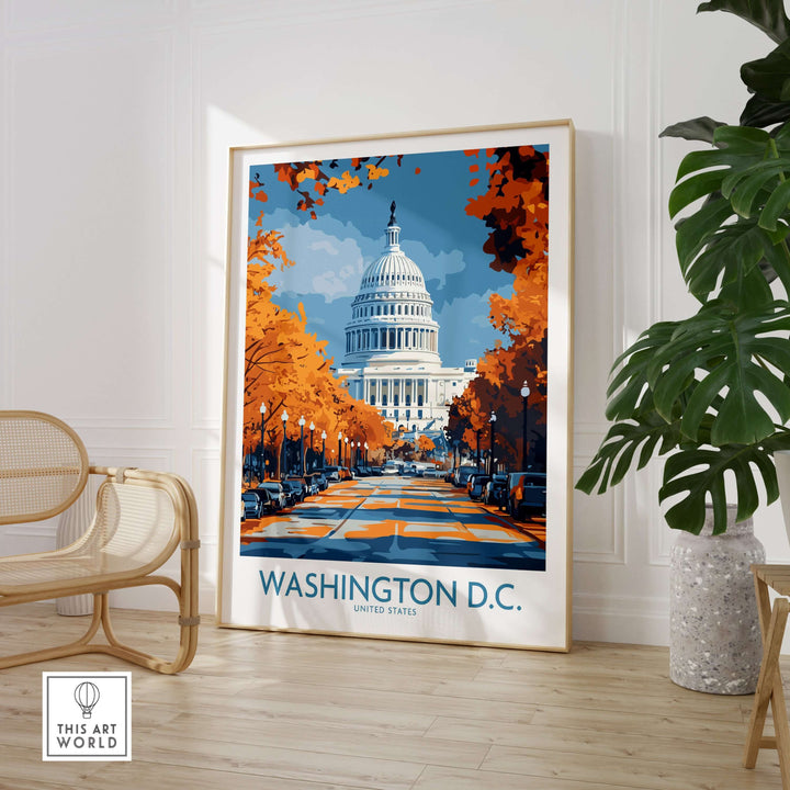 Washington D.C. US Capitol Building poster surrounded by autumn foliage, showcasing iconic architecture and cityscape decor.