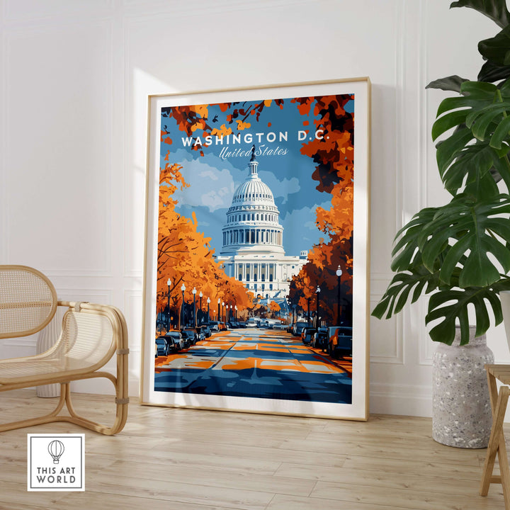 Washington D.C. Autumn Capitol View print showcasing rich fall foliage around the iconic Capitol building in vibrant colors.