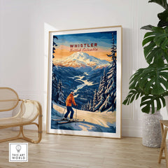 Whistler travel poster featuring a skier amidst stunning British Columbia mountains, showcasing adventure and alpine beauty.