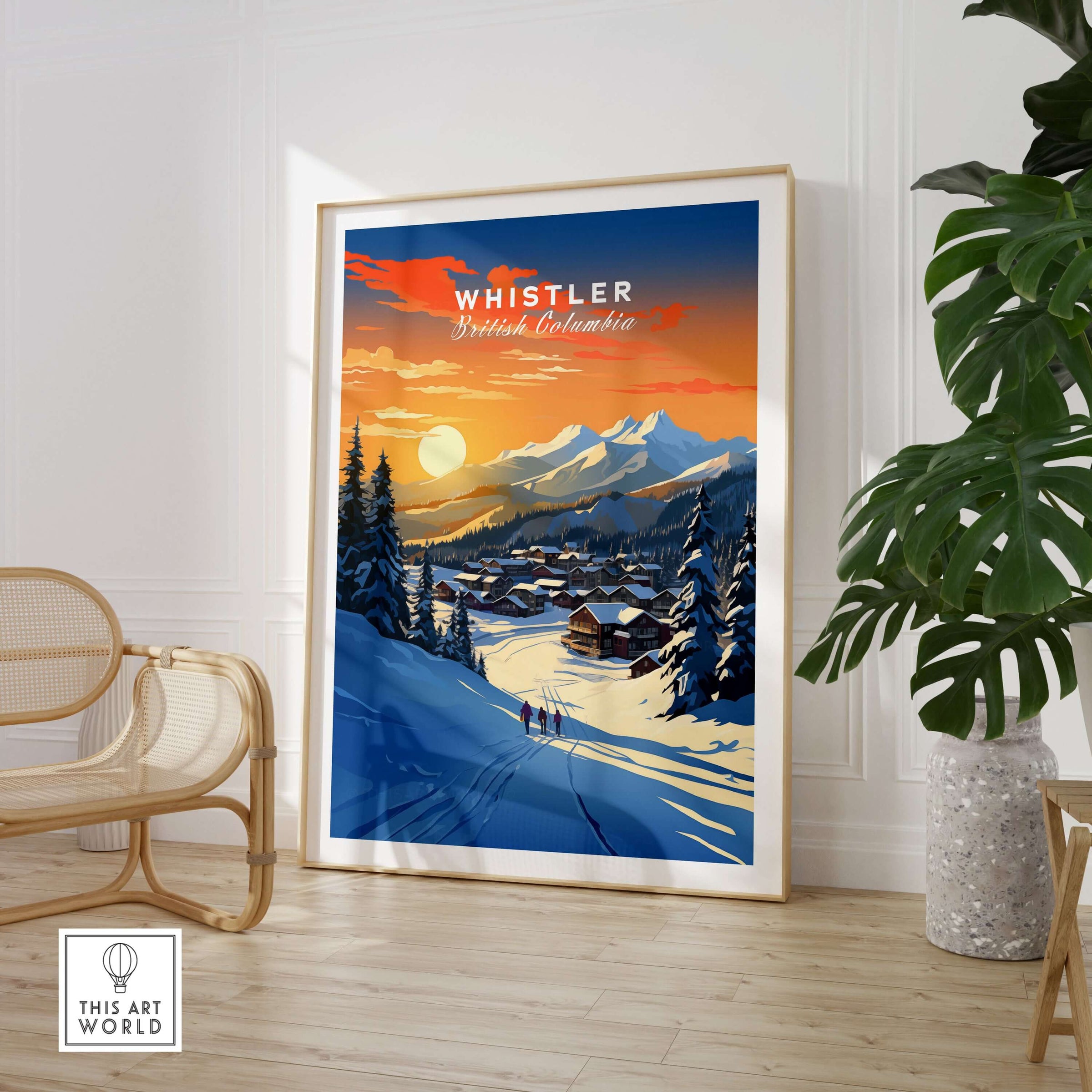 Whistler Wall Art Ski Print featuring vibrant sunset views, showcasing serene ski slopes in a framed artwork.