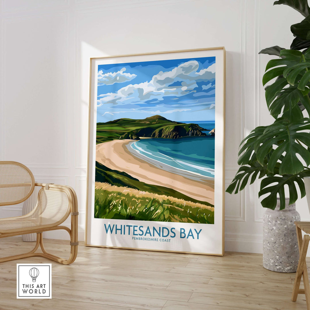 Whitesands Bay print featuring Pembrokeshire Coast, showcasing vibrant waves and sandy shores in decor.