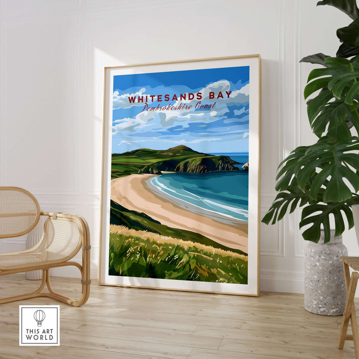 Whitesands Bay Coastal View Poster showcasing Pembrokeshire Coast National Park wall art in a stylish interior.