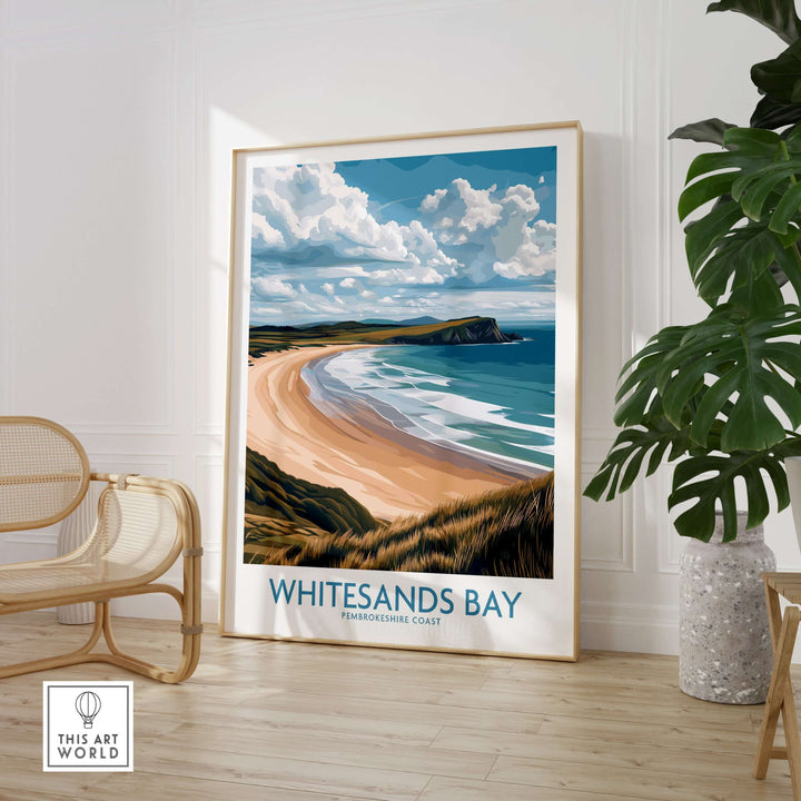 Whitesands Bay poster showcasing grassy dunes and coastline in Pembrokeshire, perfect for coastal décor.